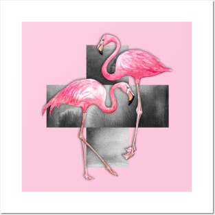 Flamingo Collage in Watercolor and Ink Posters and Art